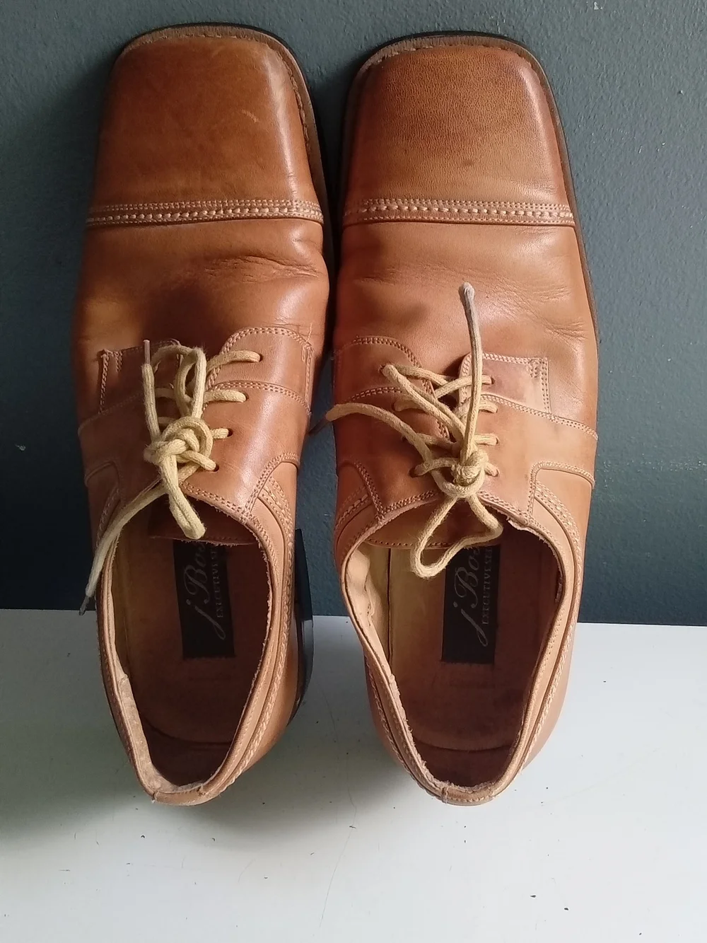 J Bosco Mens Tan Leather Cap Toe Dress Shoes Square Toe Lace Up Oxfords Size 9B